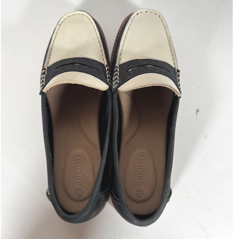 Sperry Seaport Penny Loafer Black Cream Leather Shoes Womens 8.5 Preppy Nautical - Picture 7 of 9